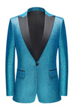 Men's Peacock Blue Sparkly Peak Lapel One Button 2 Piece Prom Suits