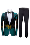 Men's Peacock Green Shawl Lapel One Button Jacquard Prom Blazer