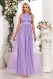 Stylish Sparkly Purple A Line Halter Long Wedding Party Guest Dress