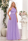 Stylish Sparkly Purple A Line Halter Long Wedding Party Guest Dress