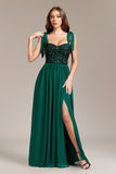 Sparkly Green A Line Sequins Backless Maxi Dress With Slit