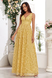 Yellow A Line V-Neck Wedding Party Guest Dress With Appliques