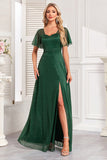 Sparkly Dark Green A Line Maxi Wedding Party Guest Dress With Slit