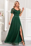 Sparkly Dark Green A Line Maxi Wedding Party Guest Dress With Slit