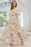 Yellow Flower A Line Print Wedding Party Guest Dress with Puff Sleeves