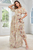 Yellow Flower A Line Print Wedding Party Guest Dress with Puff Sleeves