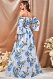 White Blue Flower A Line Wedding Party Guest Dress with Ruffled Sleeves