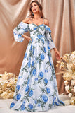 White Blue Flower A Line Wedding Party Guest Dress with Ruffled Sleeves