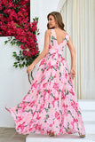 Pink Flower A Line Print Pleated Wedding Party Guest Dress with Slit