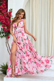 Pink Flower A Line Print Pleated Wedding Party Guest Dress with Slit