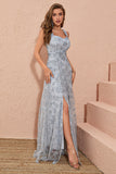 Sliver Grey A Line Floral Embroidery Long Wedding Party Guest Dress with Slit