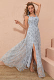 Sliver Grey A Line Floral Embroidery Long Wedding Party Guest Dress with Slit
