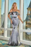 Grey Mermaid Off the Shoulder Wedding Party Guest Dress