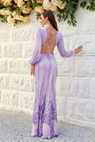Purple Cut Out Sequins Long Sleeves Wedding Party Guest Dress with Lace-up Back