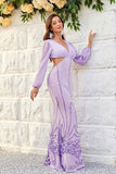 Purple Cut Out Sequins Long Sleeves Wedding Party Guest Dress with Lace-up Back