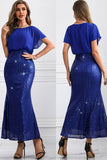 Sparkly Royal Blue Mermaid Long Batwing Sleeves Wedding Party Guest Dress