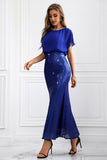 Sparkly Royal Blue Mermaid Long Batwing Sleeves Wedding Party Guest Dress
