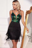 Sparkly Green Black Spaghetti Straps Fringed Sequins Short Cocktail Dress