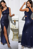 Sexy Sparkly Royal Blue One Shoulder Cut Out Long Prom Dress with Slit
