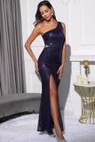 Sexy Sparkly Royal Blue One Shoulder Cut Out Long Prom Dress with Slit