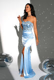 Sparkly Blue Mermaid Strapless Long Prom Dress with Slit