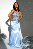 Sparkly Blue Mermaid Strapless Long Prom Dress with Slit
