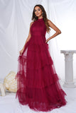 Burgundy A Line Halter Tiered Tulle Long Prom Dress