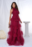 Burgundy A Line Halter Tiered Tulle Long Prom Dress