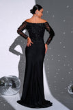 Black Mermaid Off the Shoulder Cut Out Appliques Long Sleeves Prom Dress with Slit