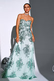 Sparkly Green A Line Sweetheart Strapless Long Prom Dress