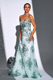 Sparkly Green A Line Sweetheart Strapless Long Prom Dress