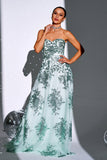 Sparkly Green A Line Sweetheart Strapless Long Prom Dress