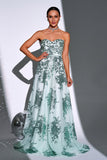 Sparkly Green A Line Sweetheart Strapless Long Prom Dress