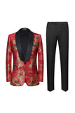 Men's Red Shawl Lapel Jacquard One Button 2 Piece Guest Suits