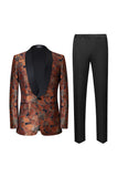 Men's Brown Shawl Lapel Jacquard One Button 2 Piece Guest Suits