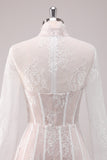 White Lace A Line High Neck Corset Short Homecoming Dress with Long Sleeves