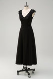 Black A-Line V-Neck Long Sequin Bridesmaid Dress with Appliques