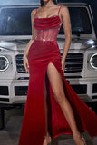 Sparkly Dark Red Spaghetti Straps Corset Prom Dress with Slit