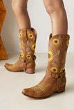 Women Retro Sunflowers Pattern Pointed Toe Chunky Heel Harness Cowboy Boots