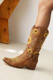 Women Retro Sunflowers Pattern Pointed Toe Chunky Heel Harness Cowboy Boots