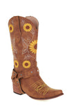 Women Retro Sunflowers Pattern Pointed Toe Chunky Heel Harness Cowboy Boots