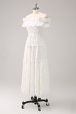 Cute White A Line White Off The Shoulder Tea Length Dress with Ruffles