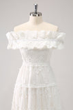 Cute White A Line White Off The Shoulder Tea Length Dress with Ruffles