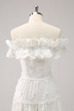 Cute White A Line White Off The Shoulder Tea Length Dress with Ruffles