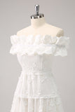 Cute White A Line White Off The Shoulder Tea Length Dress with Ruffles