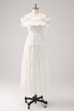 Cute White A Line White Off The Shoulder Tea Length Dress with Ruffles