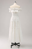 Cute White A Line White Off The Shoulder Tea Length Dress with Ruffles