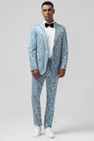 Men's Light Blue Notch Lapel 2 Piece Jacquard Prom Suits