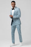 Men's Light Blue Notch Lapel 2 Piece Jacquard Prom Suits