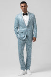 Men's Light Blue Notch Lapel 2 Piece Jacquard Prom Suits